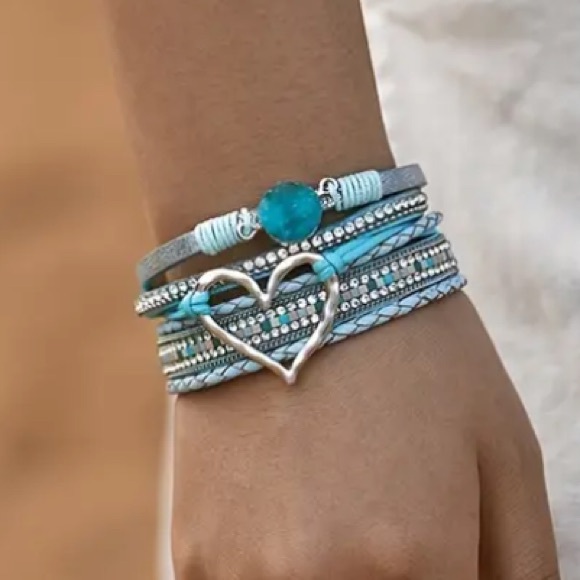 Light Blue Leather Multi Layer Heart Crystal Druzy Magnetic Bracelet - Picture 2 of 3